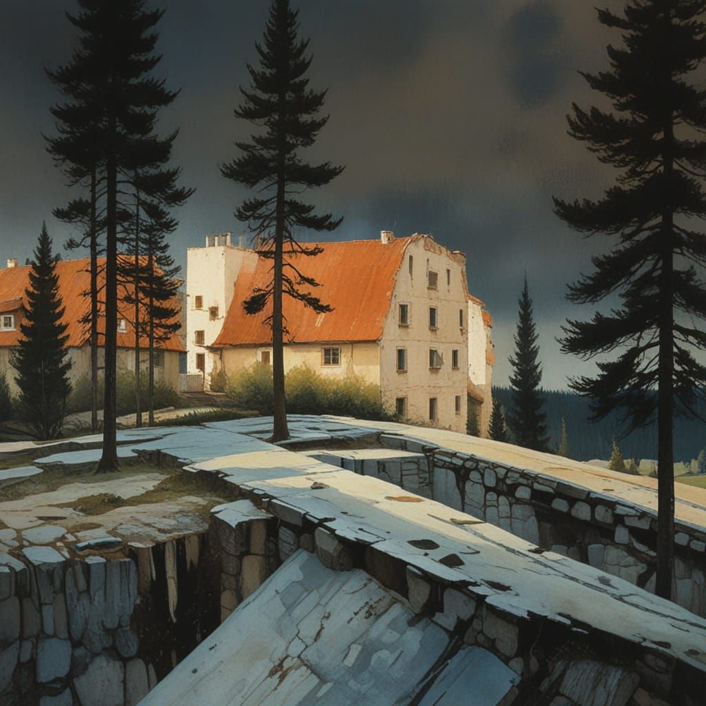 Atmospheric Landscape with Buildings and Cypress Trees