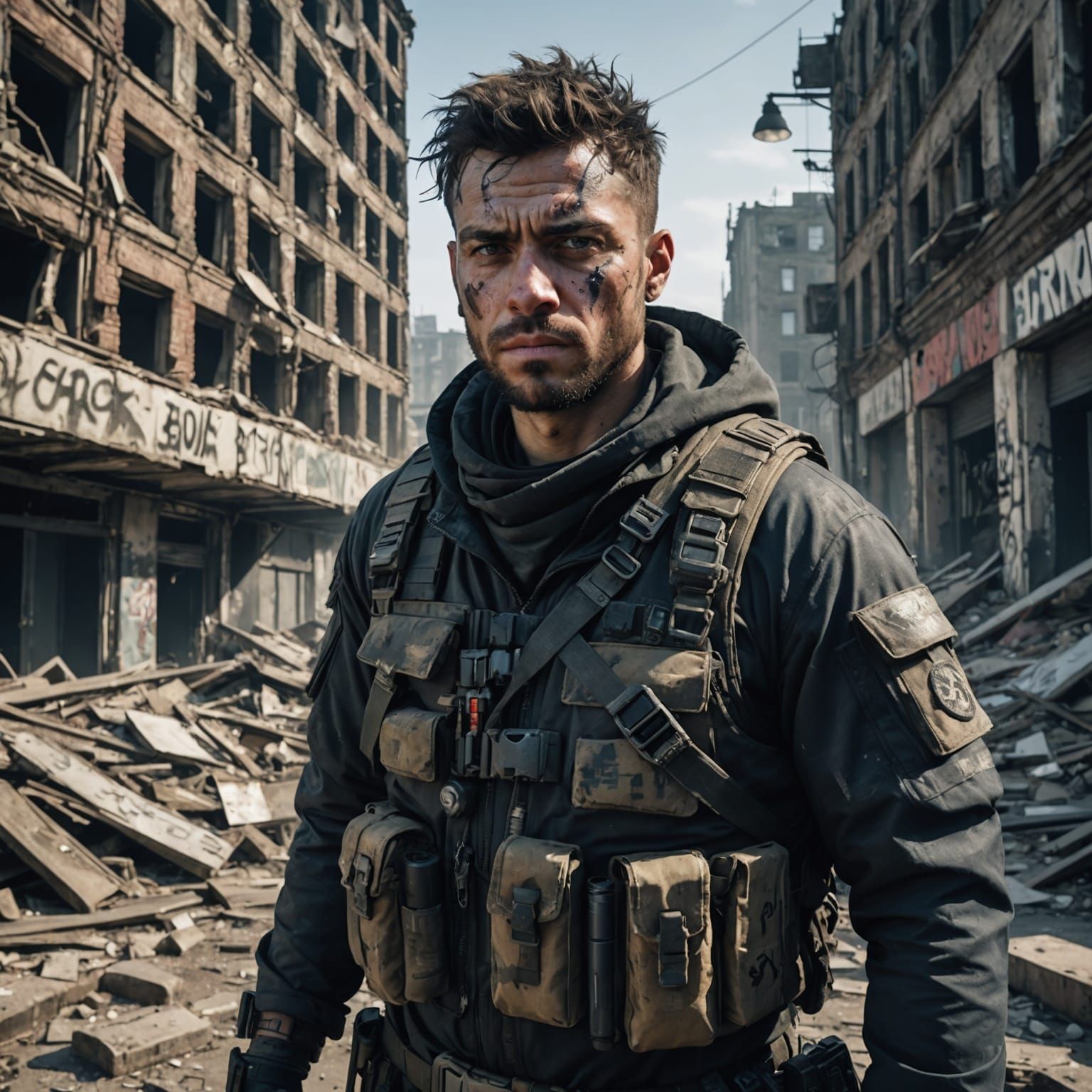 Gritty Rebel Leader in Decayed City Ruins