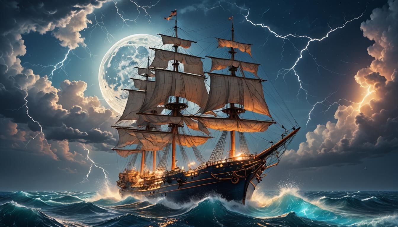 Ship Hit by Lightning Under Moonlight
