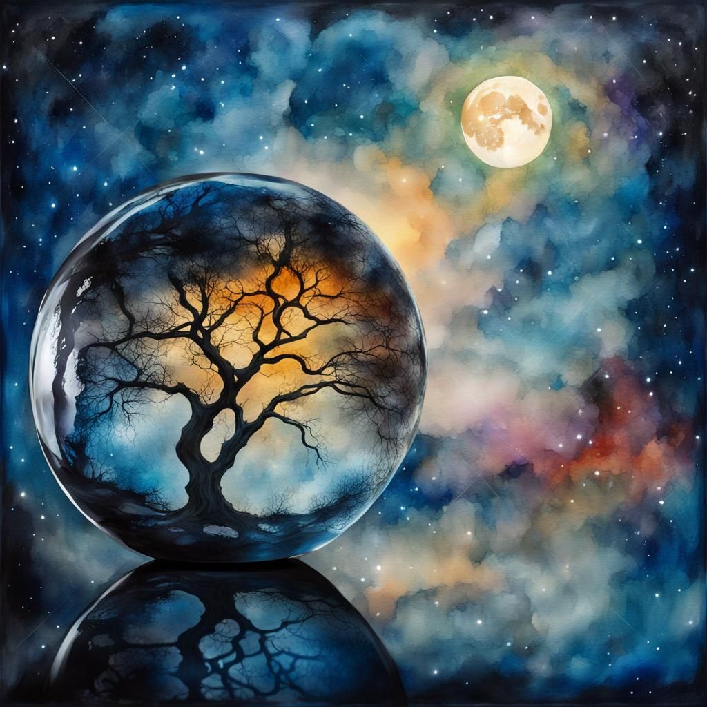 Tree in Glass Sphere, Watercolor and Oil Painting