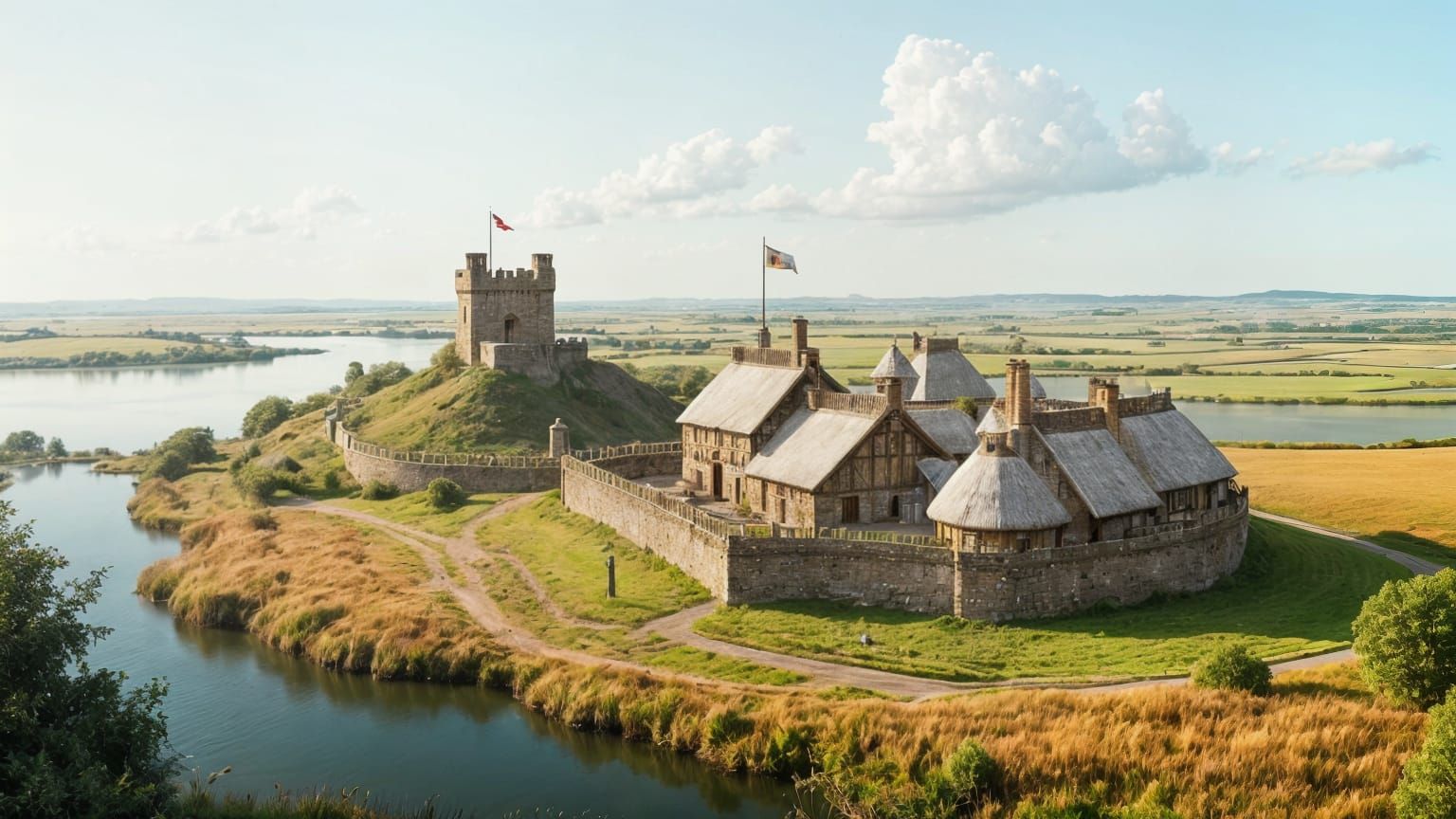 Medieval Village Scene with Lake and Castle