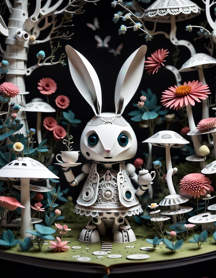A breathtaking otherworldly 3d layered paper style cute adorable Robot rabit and the mad hatter tea-party with other str...
