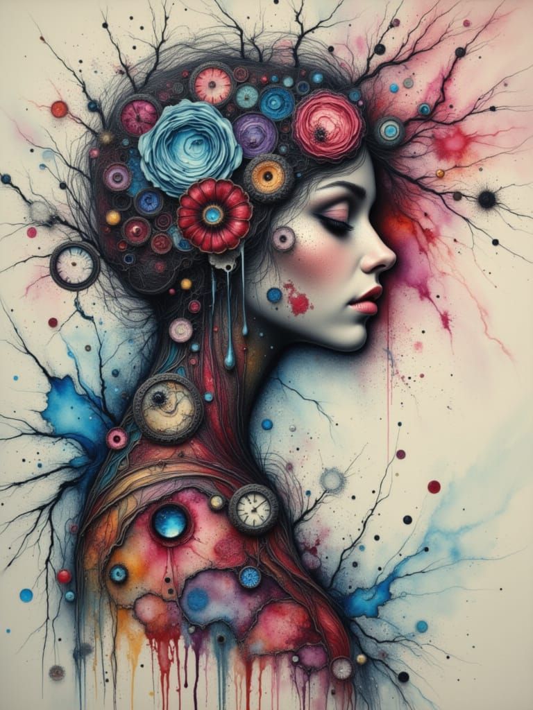 Grunge Girl with Ink Splashes in Shadow Box