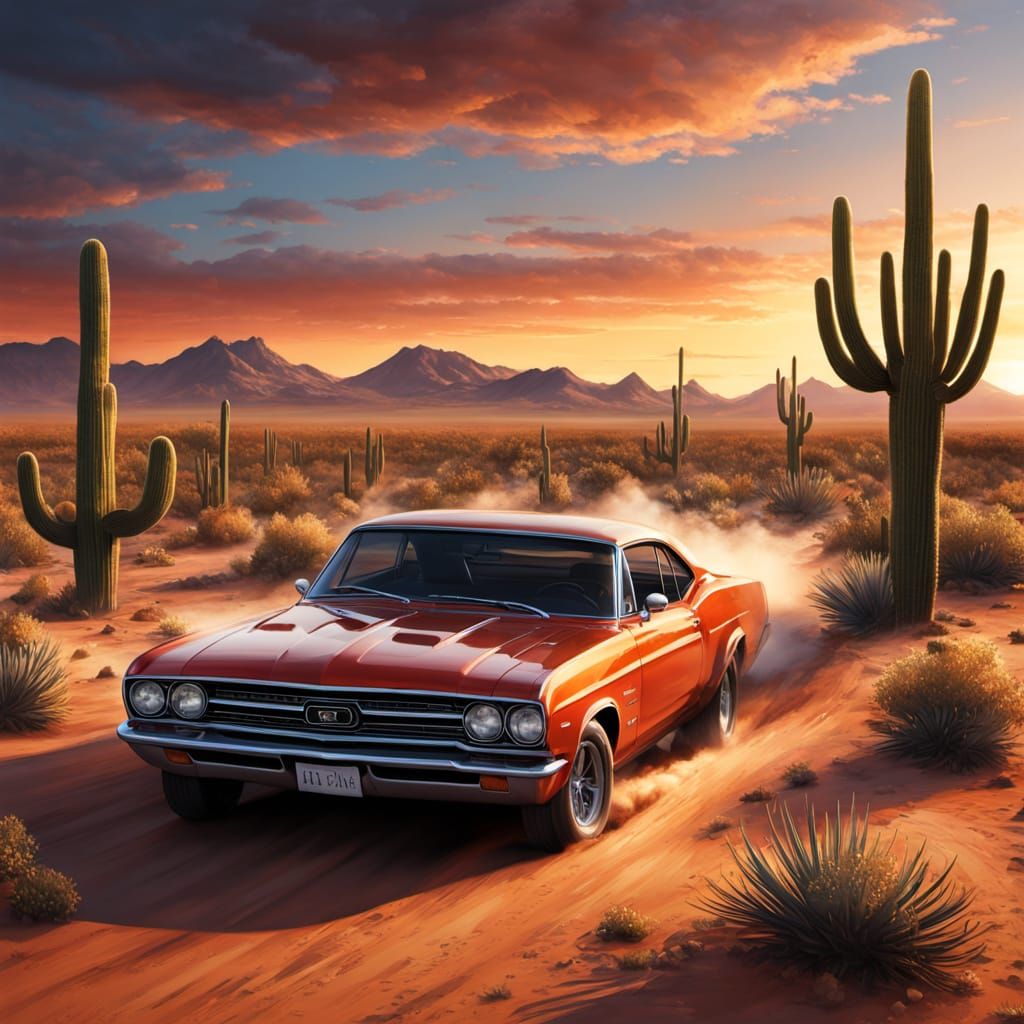 Classic Muscle Cars Race Through Desert at Sunset