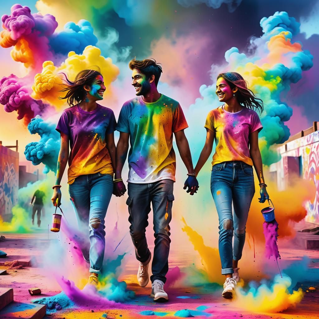 Couple in Holi Powder, Surreal Graffiti Art