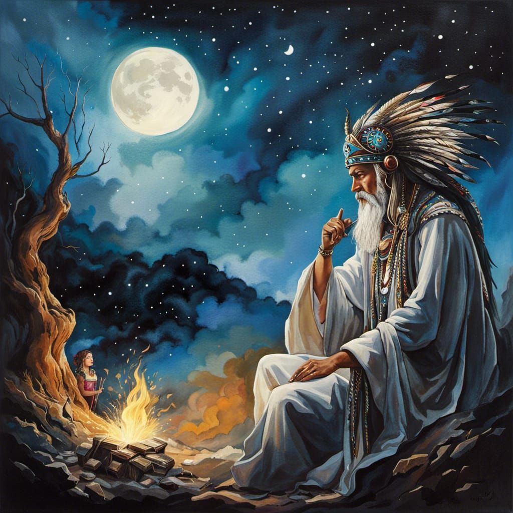 ""The  Shaman" -  a mystical shaman invoking ancient rituals in a serene moonlight realm,...