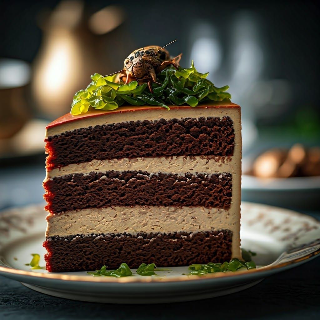 Hyper-Realistic Decadent Cake with Sausage and Algae