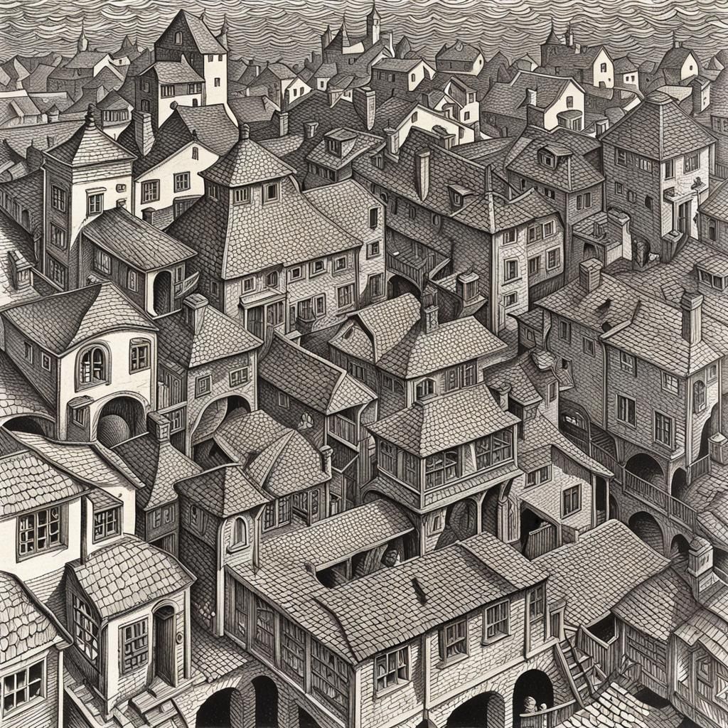 Surreal Geometric Staircase Illusion as Escher Drawing