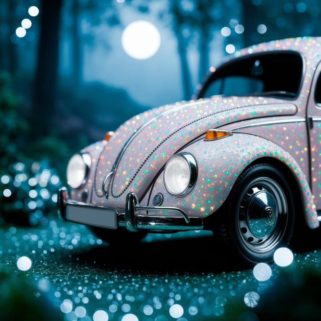 Opalescent Beetle Gem Car in Moonlit Forest