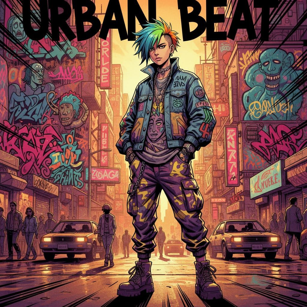 Stylish Person with Colorful Hair in Golden Hour City Street