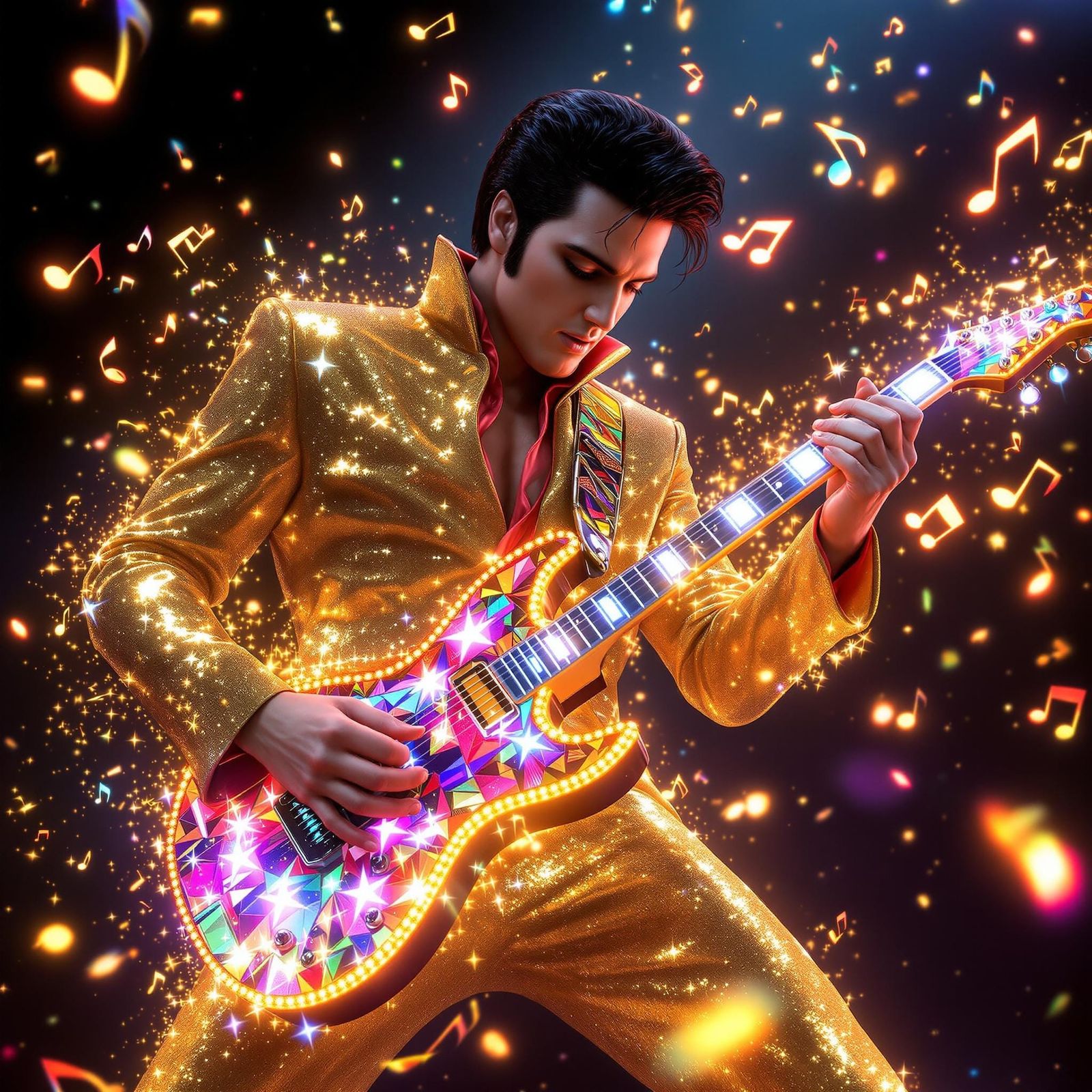 Electric Elvis in Gold Lame Suit, Surrounded by Swirling Mus...