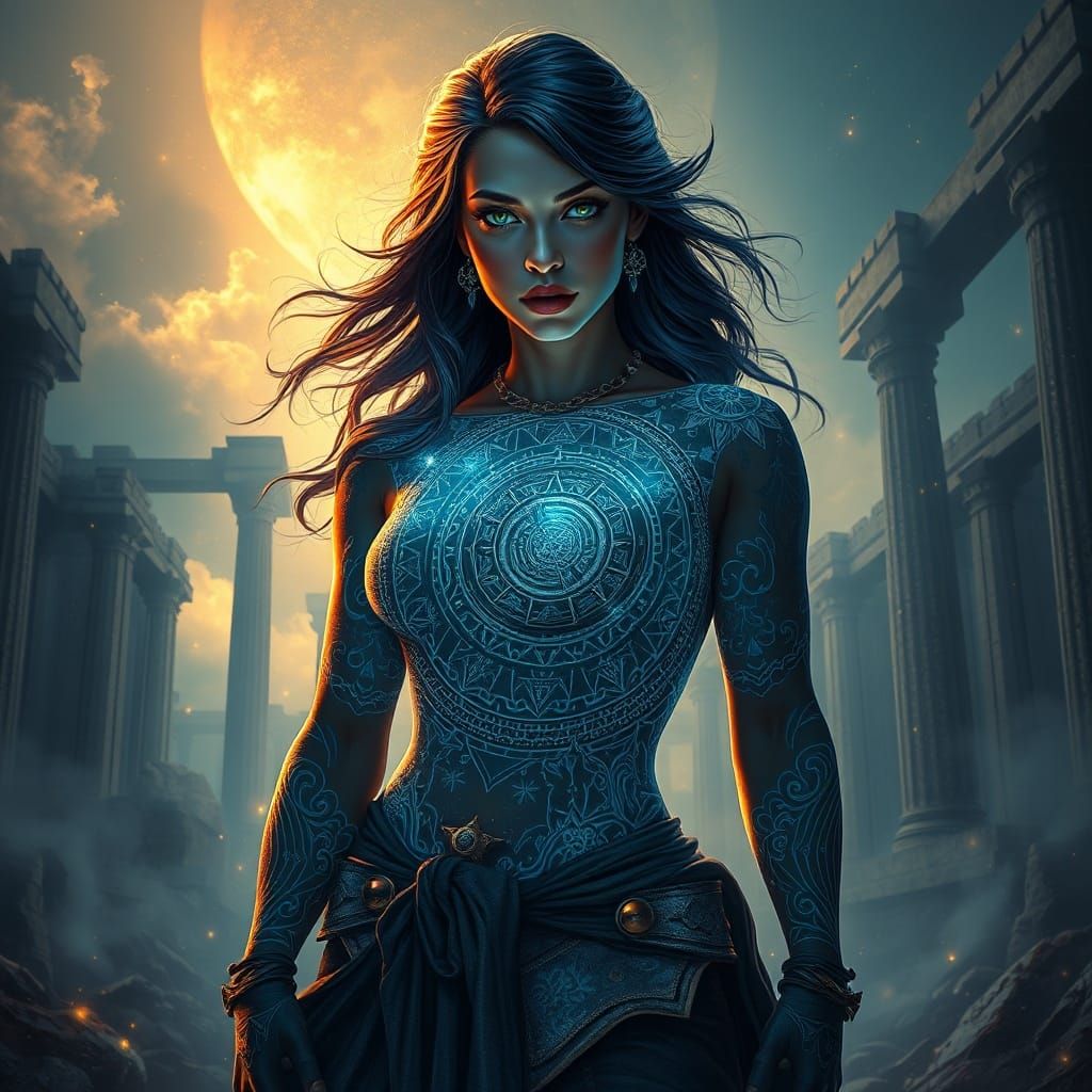 Mystical Woman with Celestial Tattoos in Ancient Ruins