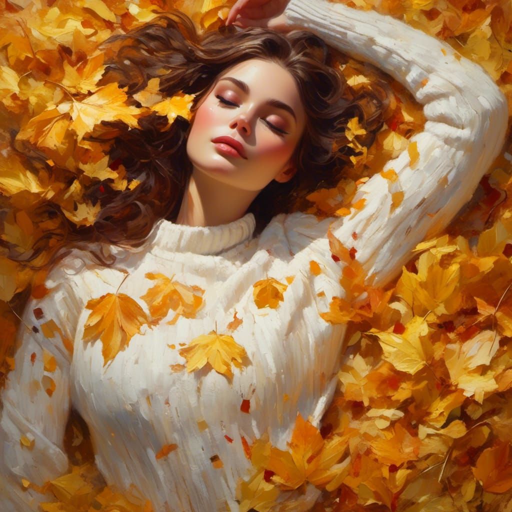Impressionistic Oil Painting: Woman in Autumn Leaves
