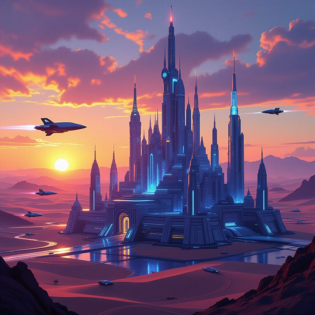 Futuristic Alien Castle at Binary Sunset