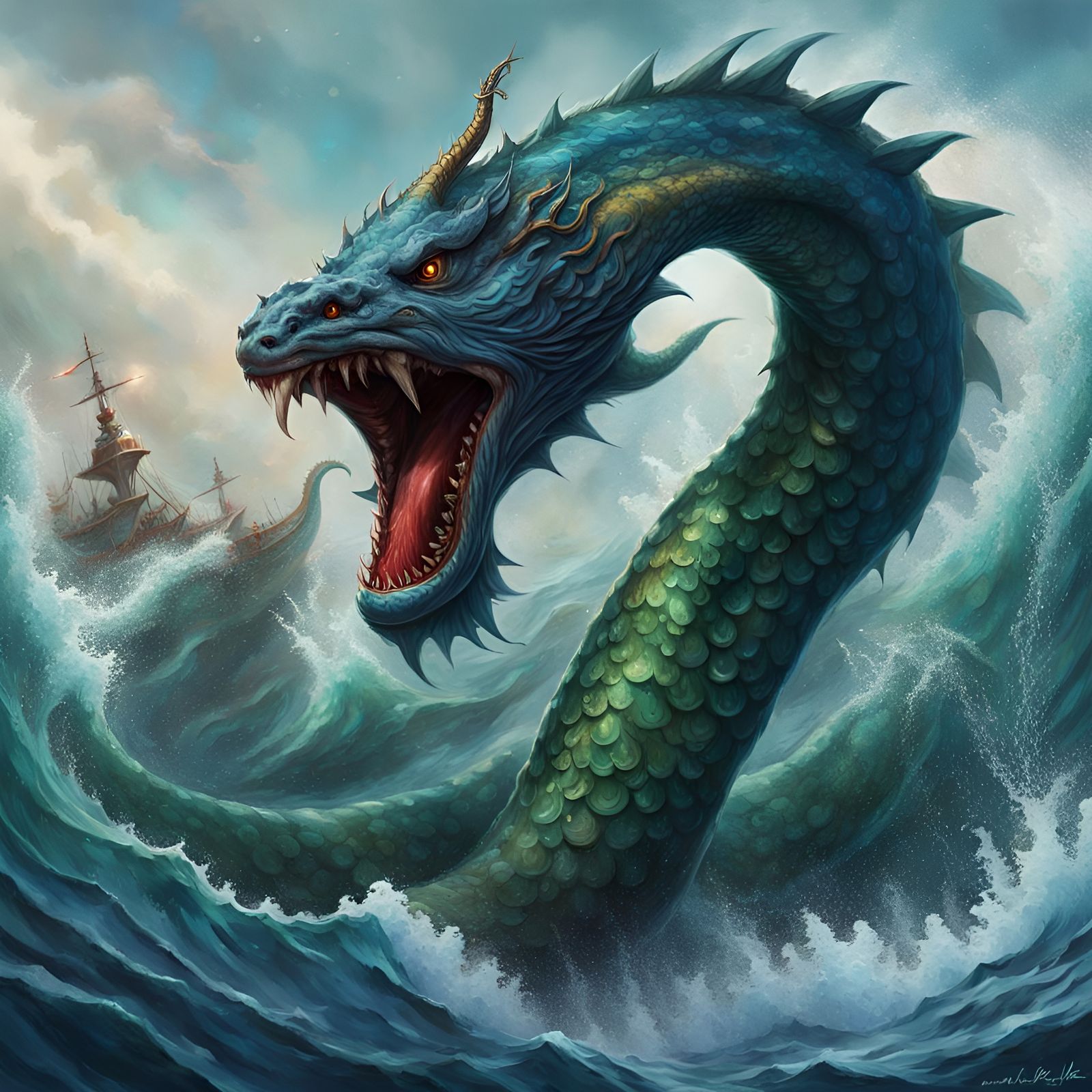 Neptune on Sea Serpent: Hyperrealistic Splash Art