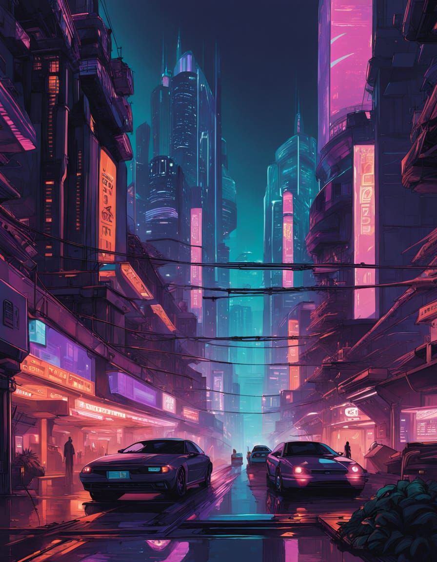 Cyberpunk Cityscape at Night with Neon Lights