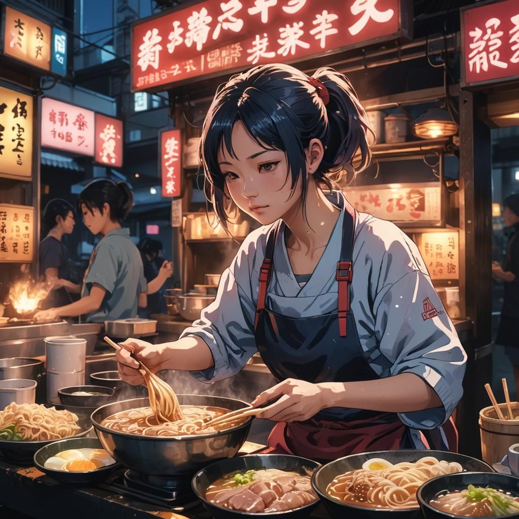 Anime Ramen Stall in Gritty Urban Setting