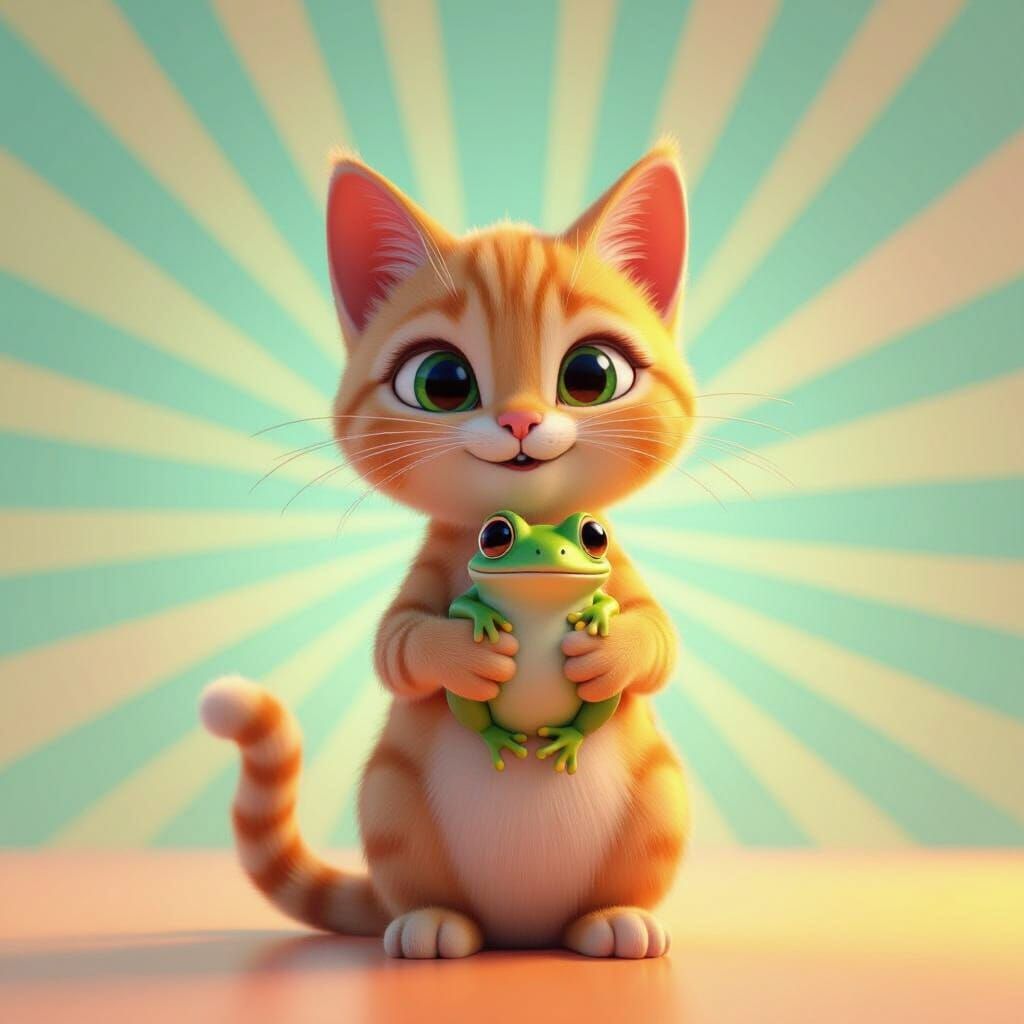 Cat Holding Frog in Pixar-style 3D Rendering
