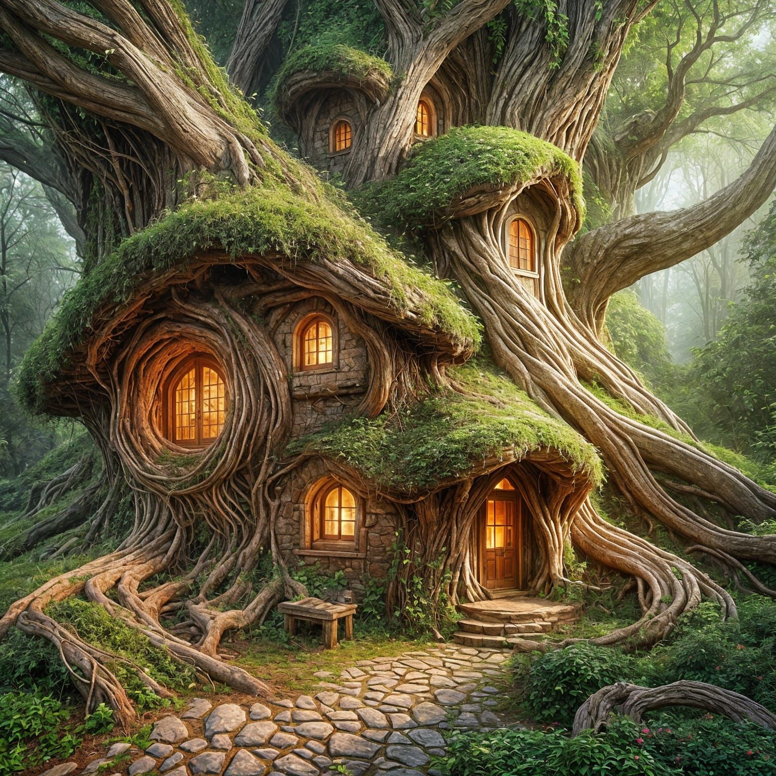 Cozy Cottage in Ancient Tree: Fantasy Illustration