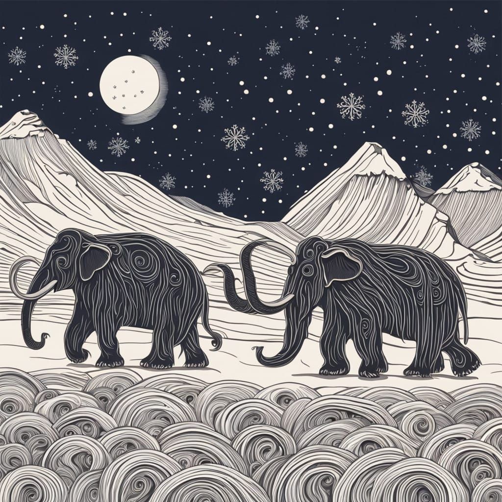 Woolly Mammoths Crossing a Snowy Field in Woodcut Quilling S...