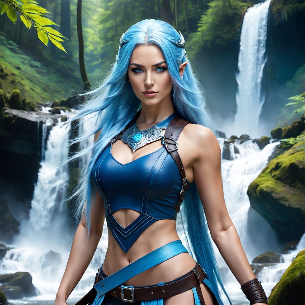 Beautiful Young Warrior Woman in Waterfall Forest