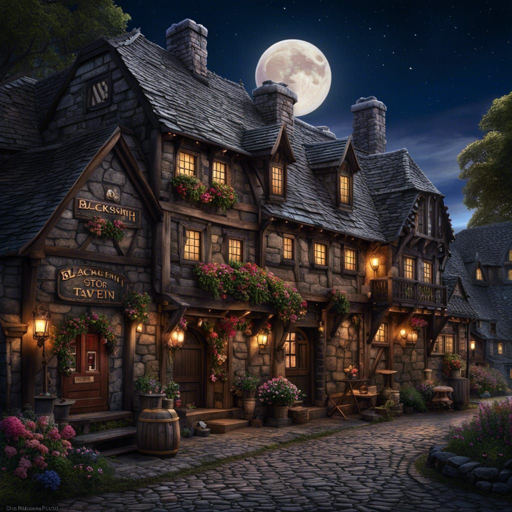 Fantasy Village at Night in Hyperdetailed Digital Art