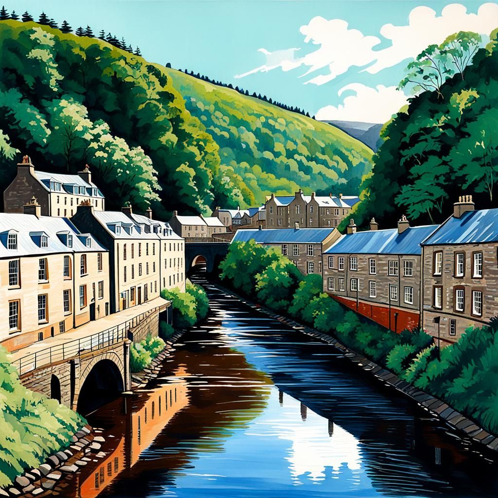 New Lanark Village Gouache Painting