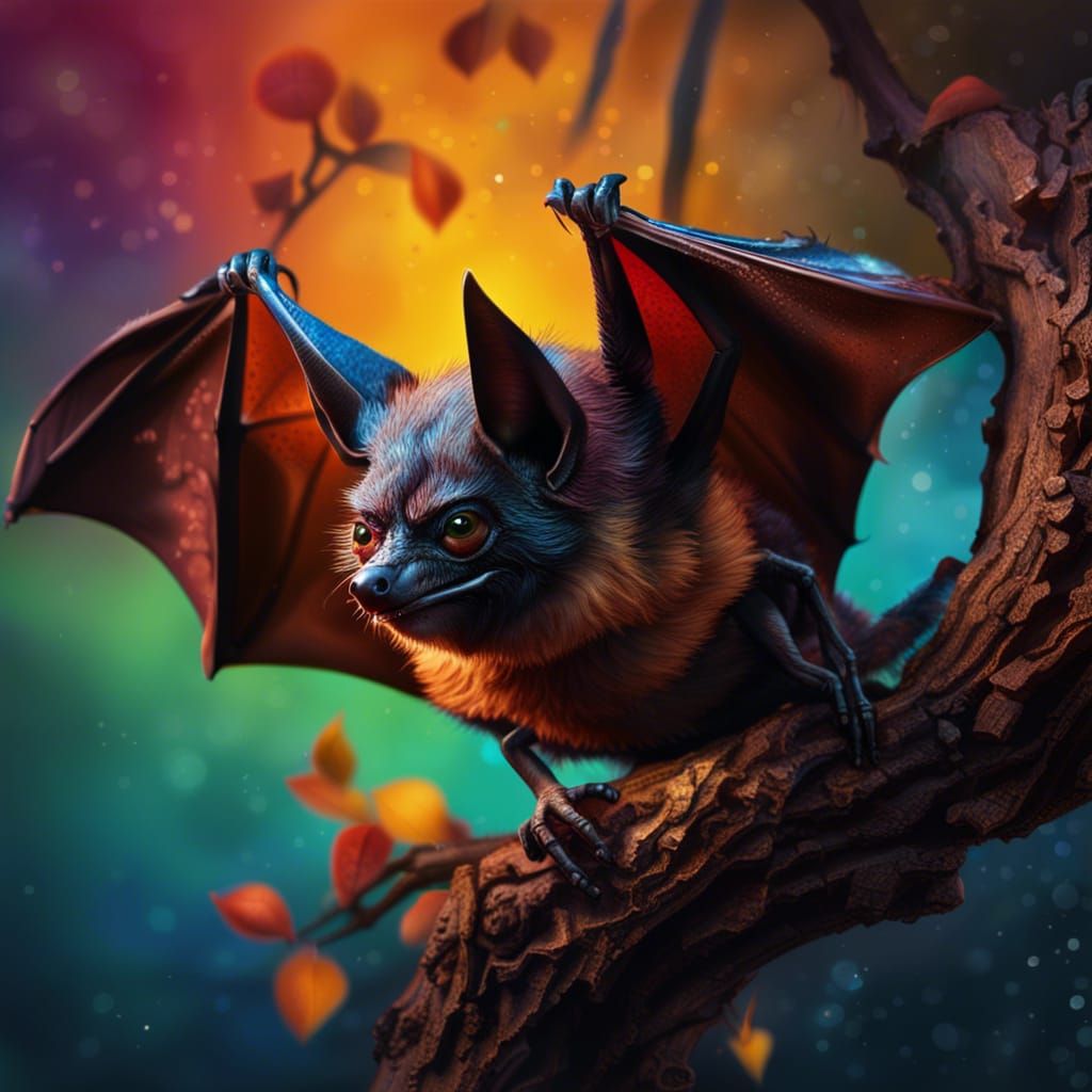 Hyperrealistic Bat Perched on Branch Concept Art