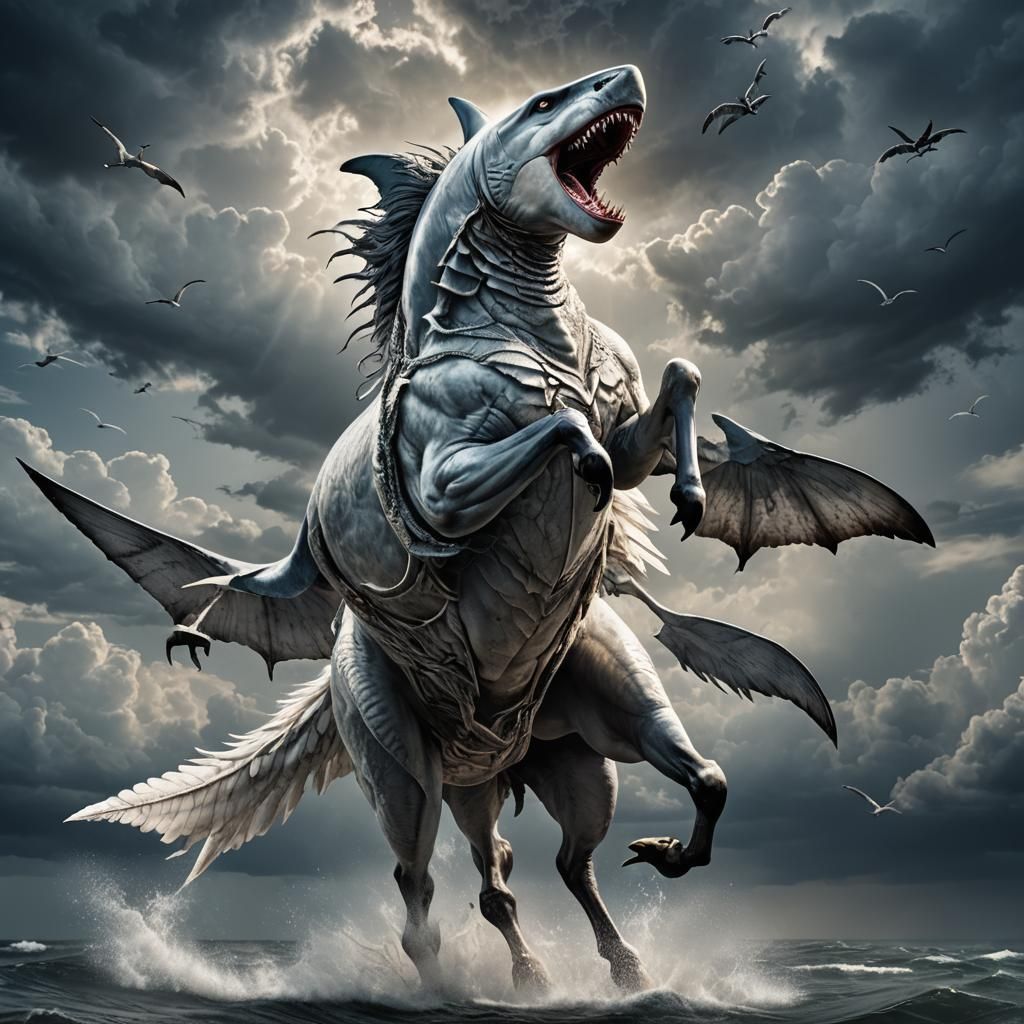 Majestic Shark-Horse Hybrid Soaring Through Stormy Sky