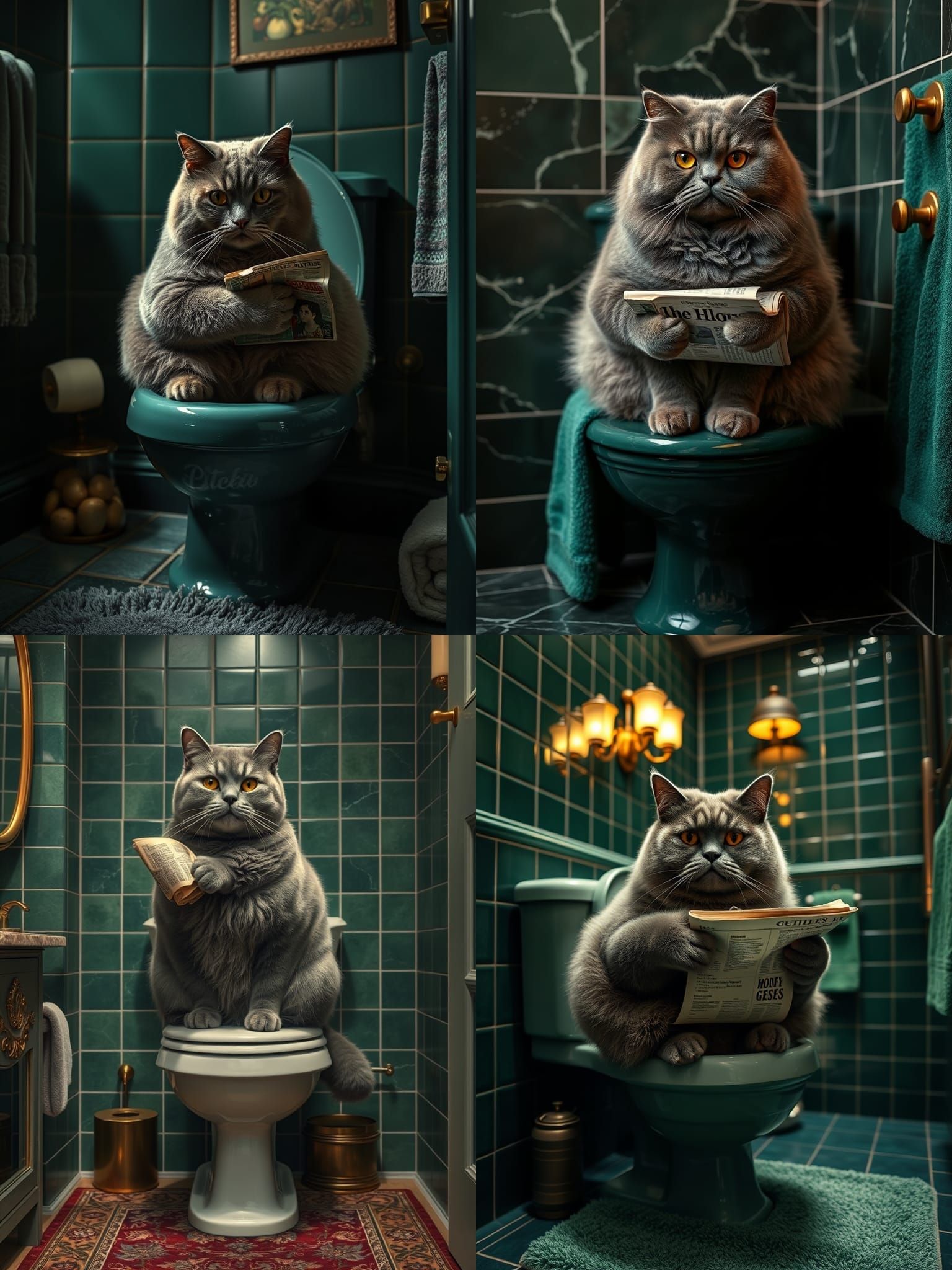 British Shorthair Cat on Toilet with Newspaper