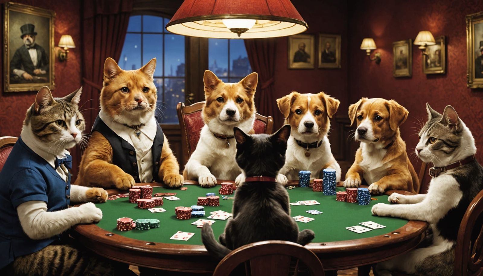 Cats and Dogs Play Poker in Humorous Scene