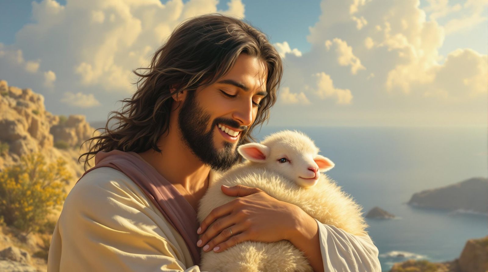 Jesus Tends a Lamb in a Sunny Day Scene