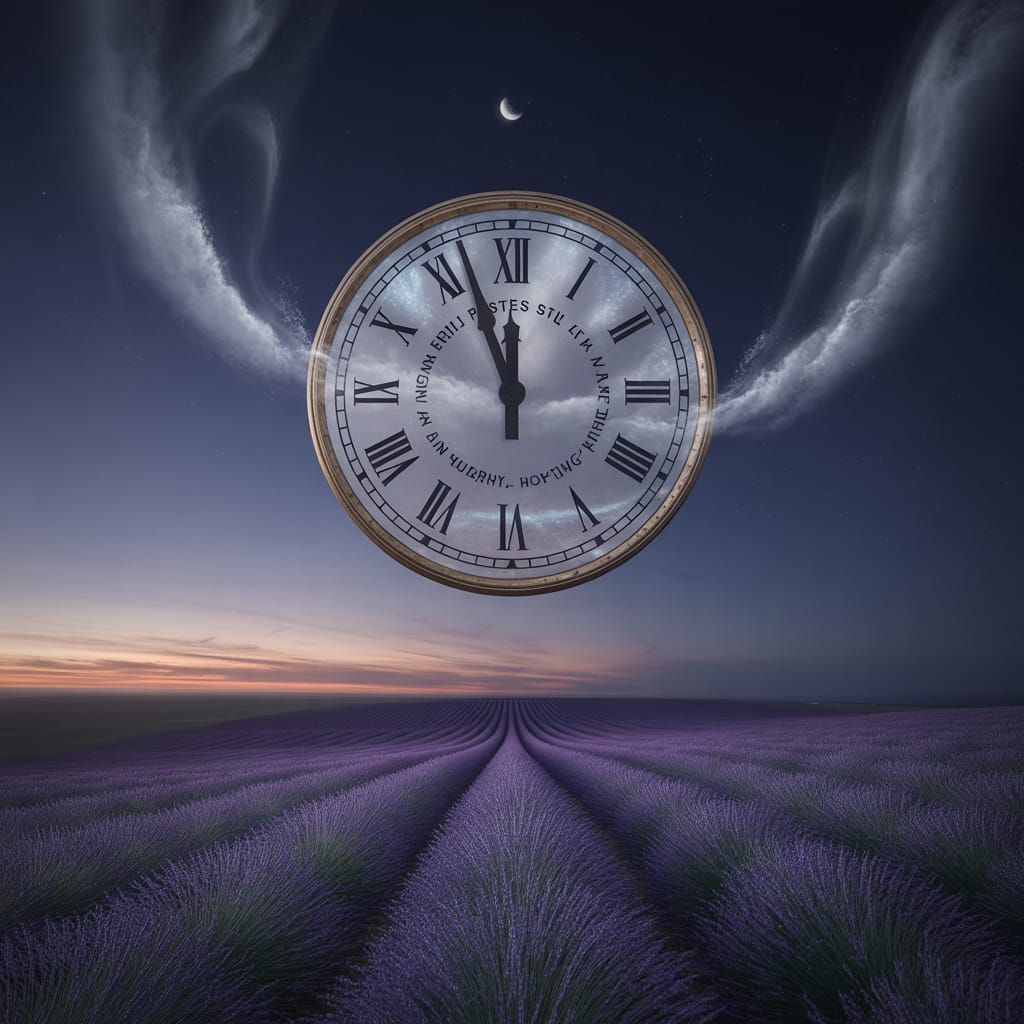 Surreal Clock in Twilight Sky: A Digital Painting