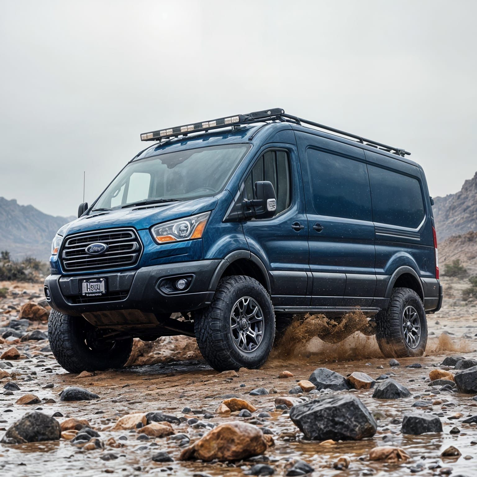 Blue Ford 4wd Transit Van Tackles Desert Off-Road Adventure