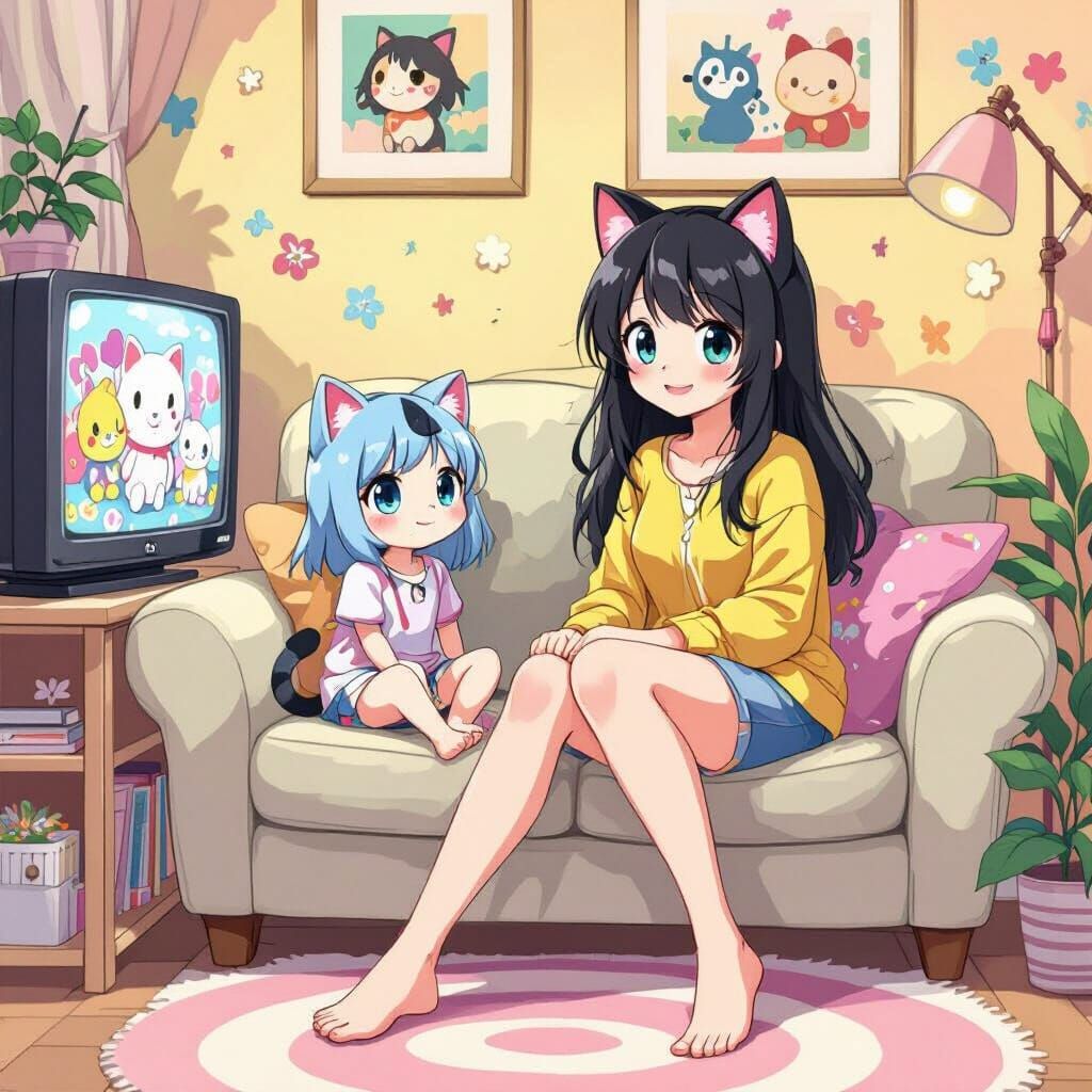 Anime Catgirls Watching TV in Murakami-Inspired Style