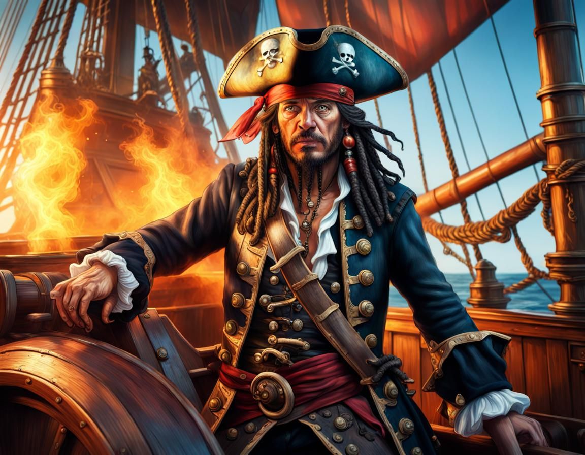 Pirate King Commands Galleon in Hyperrealistic Splash Art
