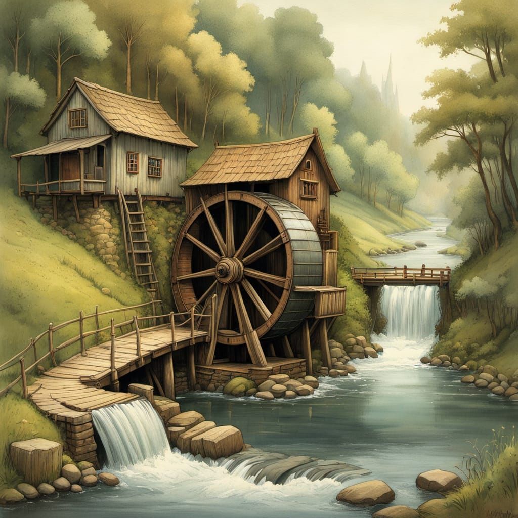 River Waterwheel in Whimsical Fantasy Style