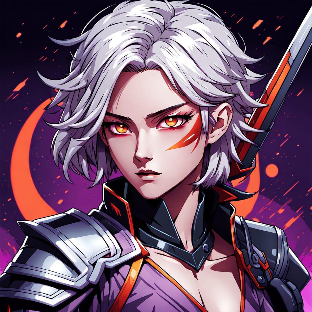 Androgynous Warrior with Platinum Hair and Vibrant Colors