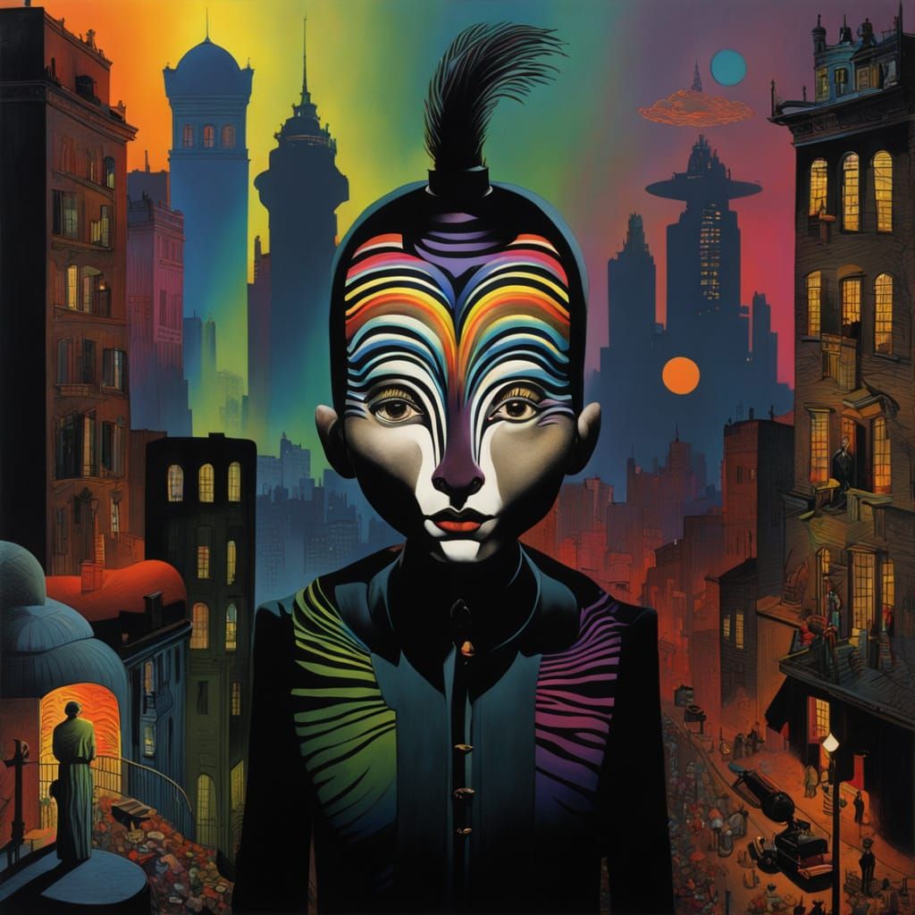 Luminous Rainbow Zebra in a Dadaist Sunken City