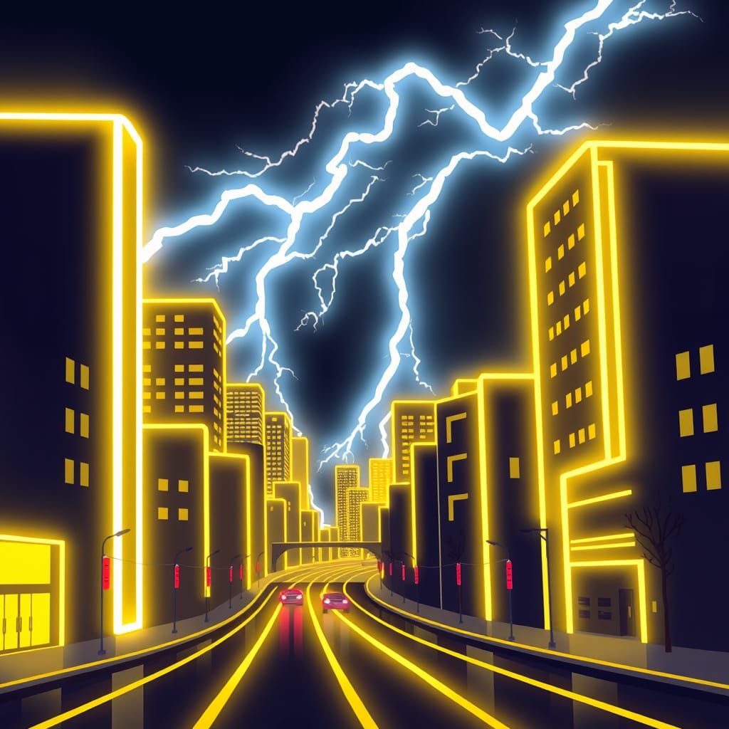 Yellow Neon City with Curvy Lightning