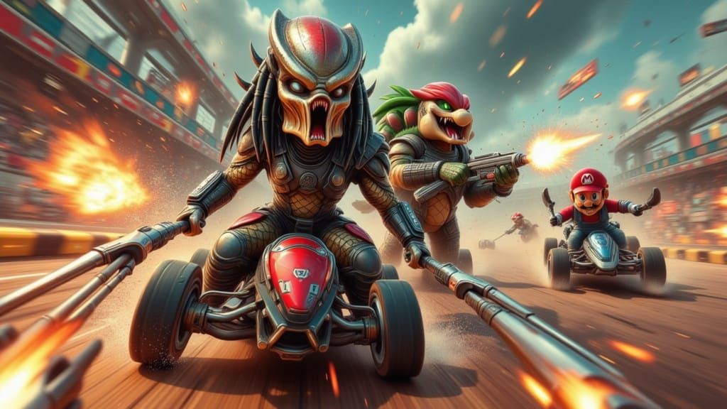 Predator Rides Mario Kart with Mario and Bowser in Cyberpunk...