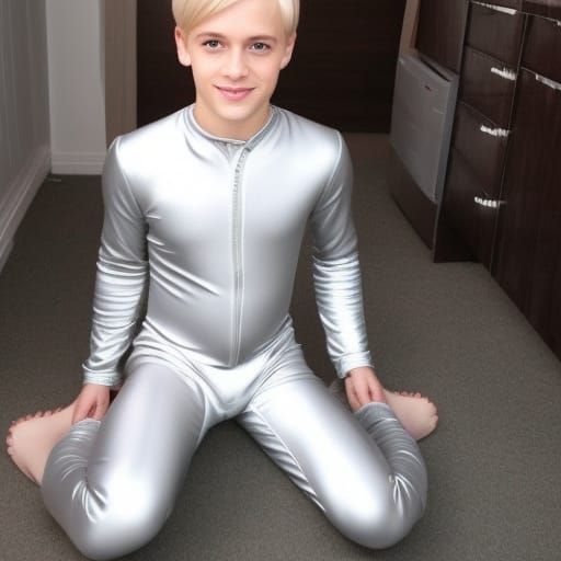Blonde Boy in Silver Catsuit, Futuristic Style