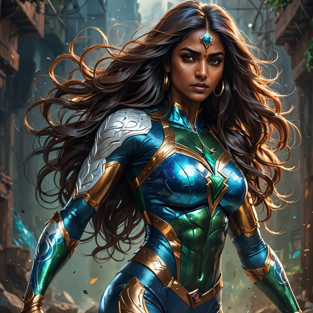 Beautiful Indian superheroine in a metallic bodysuit