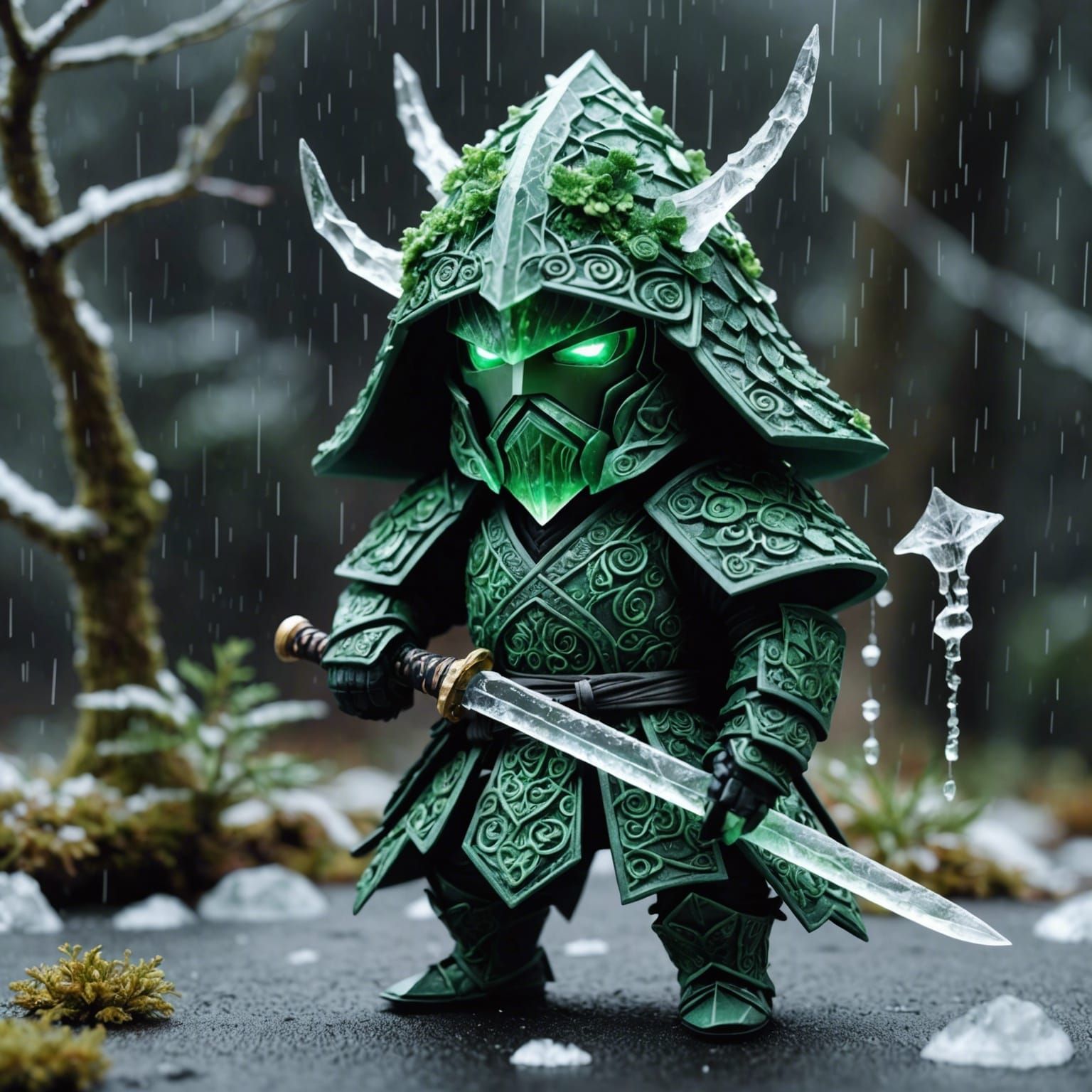 Chibi Mycelium Samurai Warrior in Origami Style