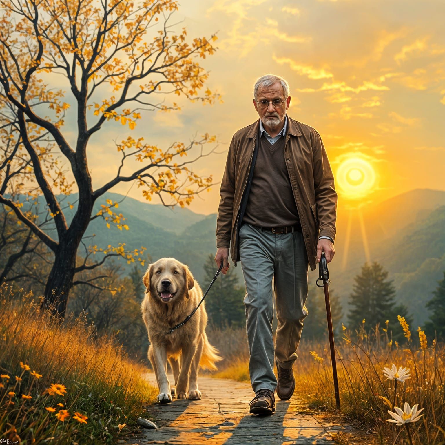Blind Man Walking with Guide Dog at Sunset in Ethereal Impre...