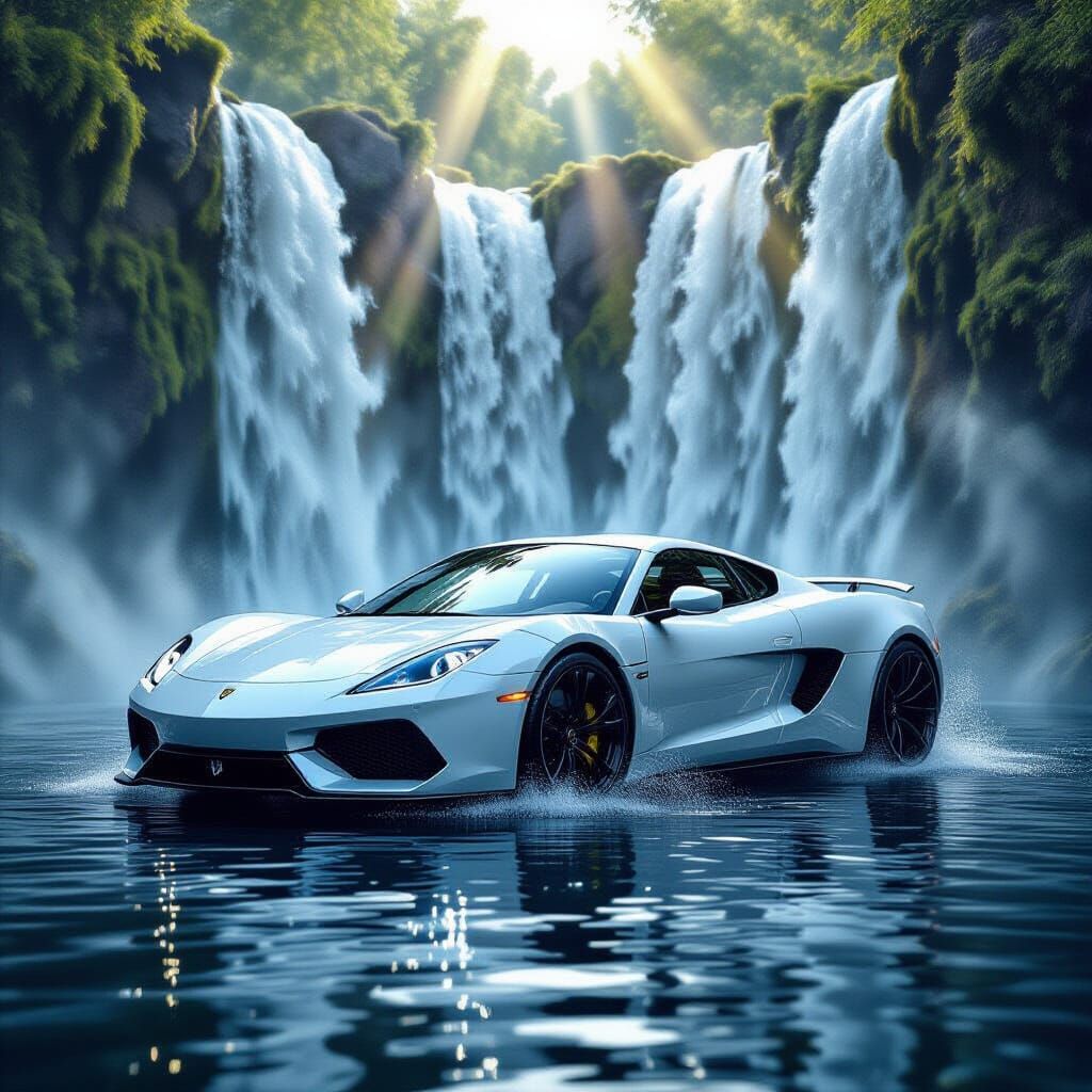 Modern Car Waterfall Sculpture With Ethereal Light Rays