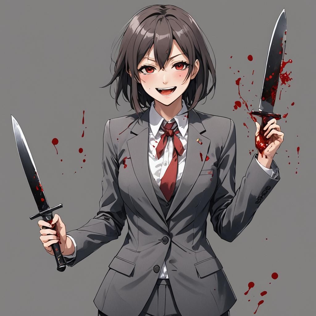 Anime Girl with Bloody Knife in Manga Style