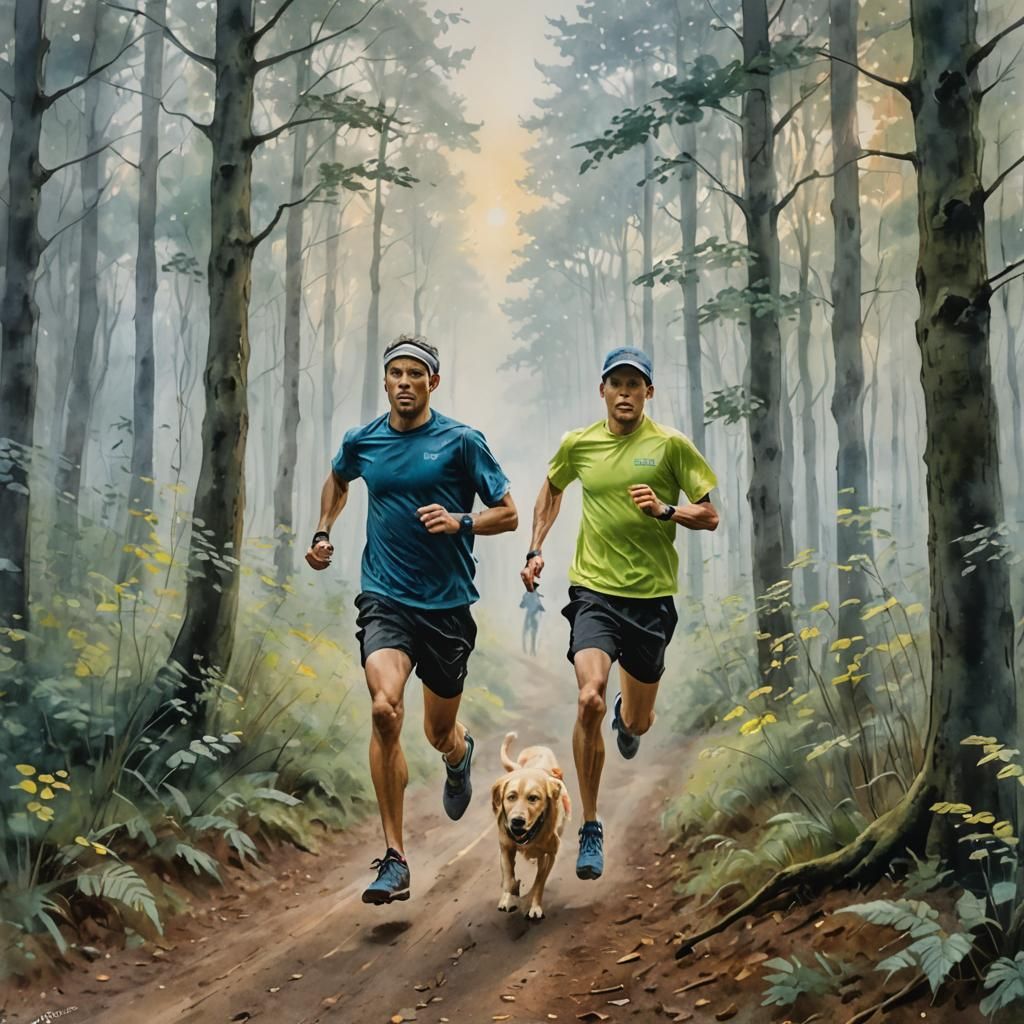 Visually Impaired Runner in Misty Forest, Impressionism
