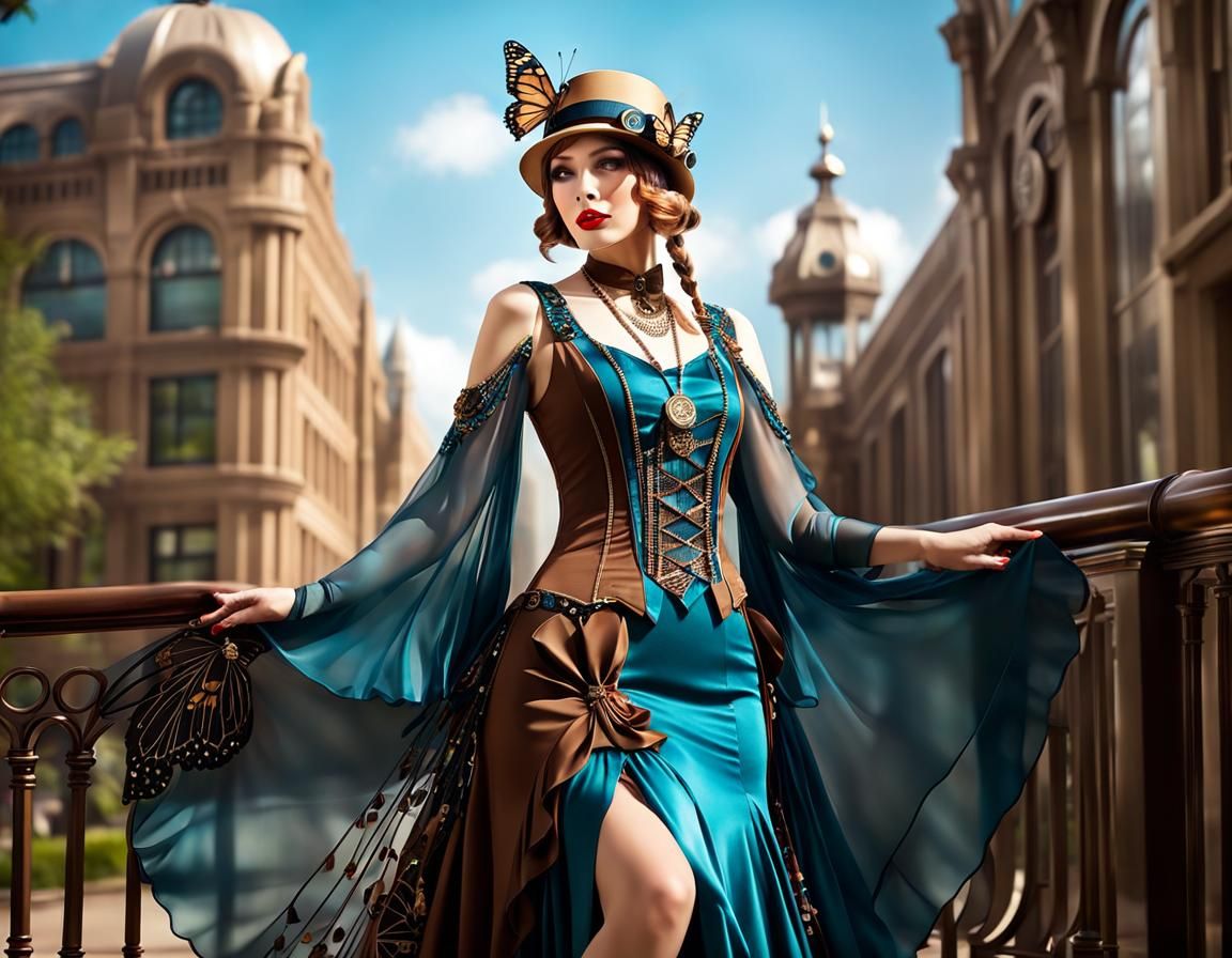 Steampunk Art Deco Flapper Girl with Butterfly Hat