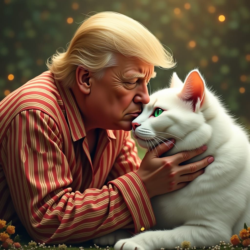 Dreamlike Portrait: Man in Pajamas Kissing Cat